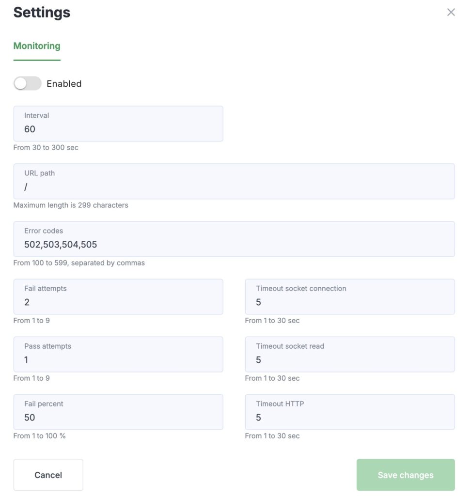 Bakcend Monitoring in StormWall - Settings