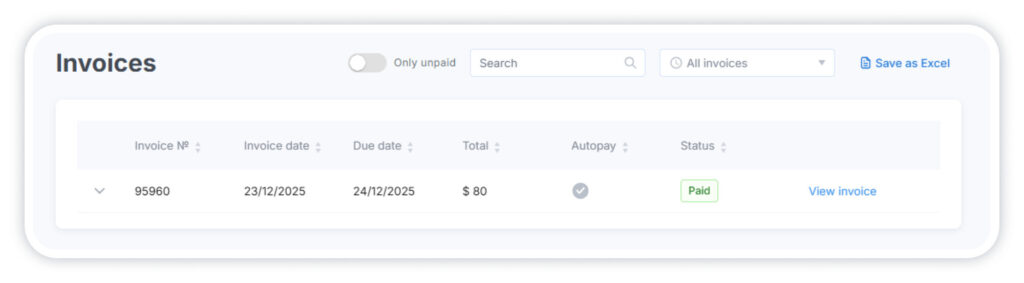 The Autopayments section in the main menu provides detailed information about all transactions
