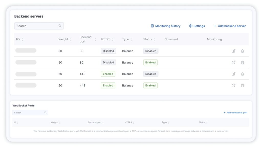 Previously, ports and backends — web servers or load balancers with public IPs — were managed in two separate sections of the Client Portal